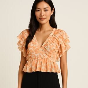 NEW Tularosa Kaia Orange Floral Ruffle Short Sleeve Peplum Crop Blouse Top Sz M